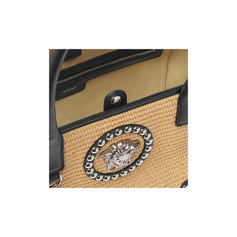 VERSACE La Medusa Cotton With Nylon Blend Tote Bag Shopping Bag Handbag Large Size Women's Beige-4