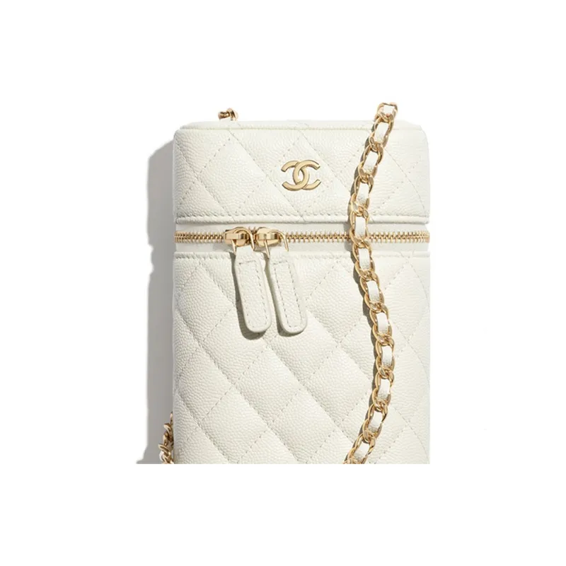 CHANEL Grain Embossed Calfskin & Metal Cell Phone Pouch Women's White-3