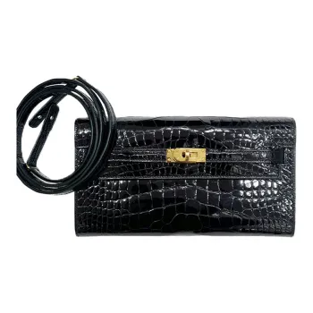 HERMES Kelly To Go Shiny Mississippi Crocodile Leather Clutches Wallets Shoulder Bag Crossbody Bag Women's Noir Black