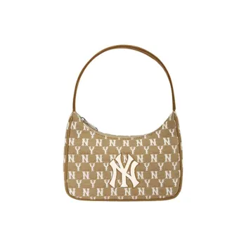 MLB Monogram Collection New York Yankees Polyester Shoulder Bag Mahjong Handbags Regular Women's Khaki Milk Tea Beige