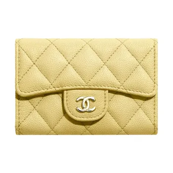 CHANEL Grain Embossed Cow Leather Coin Purse, Wallet, Card Holder Small Size Women's Yellow