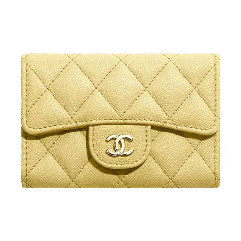 CHANEL Grain Embossed Cow Leather Coin Purse, Wallet, Card Holder Trumpets Women's Yellow-0