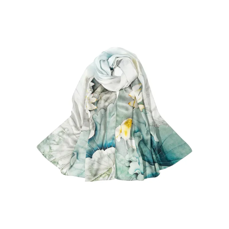 Shanghai Story 100% Mulberry Silk Scarves Women's Lotus Charm, Light Green, Gift Box Set-19