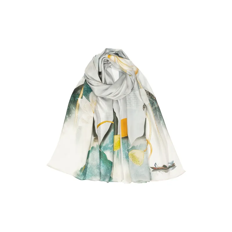 Shanghai Story 100% Mulberry Silk Scarves Women's Lotus Charm, Light Green, Gift Box Set-22