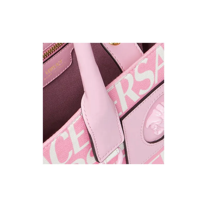 VERSACE Cotton Patchwork With Cow Leather Tote Bag Shopping Bag Shoulder Bag Crossbody Bag Handbag Women's Pink-4
