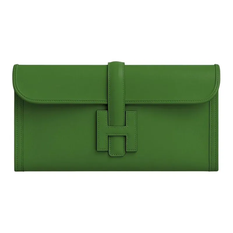 HERMES Jige Elan Swift Calfskin Clutch Women's A8 Yuka Ribbon Green-0