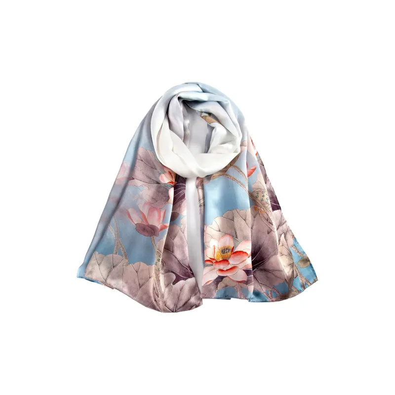 Shanghai Story 100% Mulberry Silk Scarves Women's Lotus Charm, Light Green, Gift Box Set-3