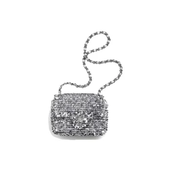 CHANEL Embroidered Satin Sequins Flap Bag, Shoulder Bag, Crossbody Bag Mini Women's Silver