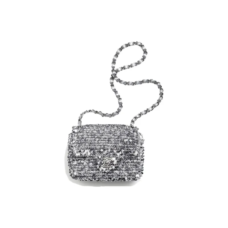 CHANEL Embroidered Satin Sequins Flap Bag, Shoulder Bag, Crossbody Bag Mini Women's Silver-0