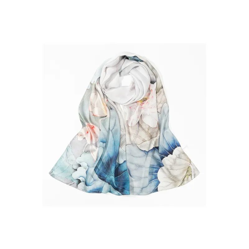 Shanghai Story 100% Mulberry Silk Scarves Women's Lotus Charm, Light Green, Gift Box Set-16