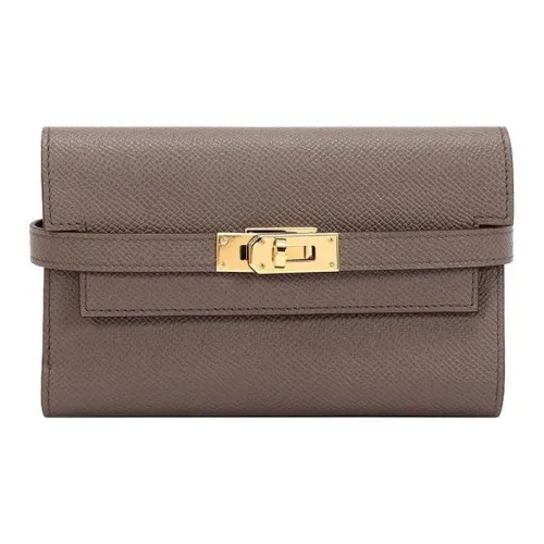 HERMES Epsom Calfskin Wallet Women's 8F Gris Etain Tin Gray