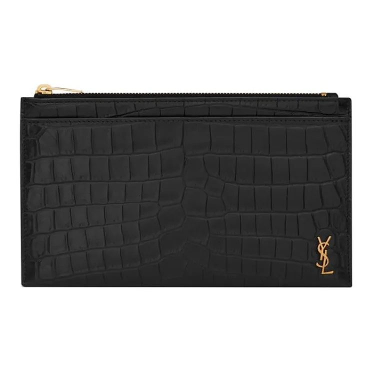 SAINT LAURENT Crocodile Pattern Matte Finish Leather Wallets Clutches Regular Women's Black-0