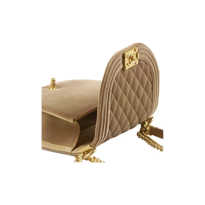 CHANEL Velvet And Gold Toned Metal Messenger Bag, Crossbody Bag Trumpets Women's Beige-4