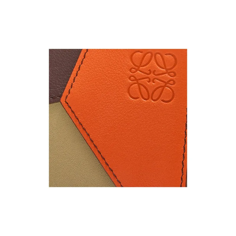 LOEWE Puzzle Cow Leather Card Holder Women's Deep Burgundy With Bright Orange Accents-3