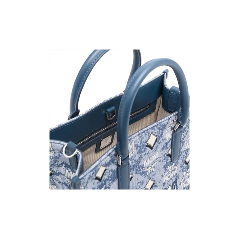 MCM Vintage Monogram Fabric With Leather Tote Bag, Shopping Bag, Shoulder Bag, Handbag Small Size Women's Blue-2