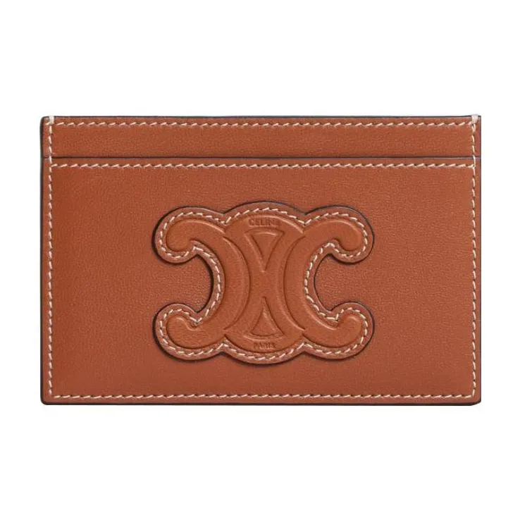 CELINE Triomphe Cow Leather Card Clip Money Clip Card Holder Women's Tan-1