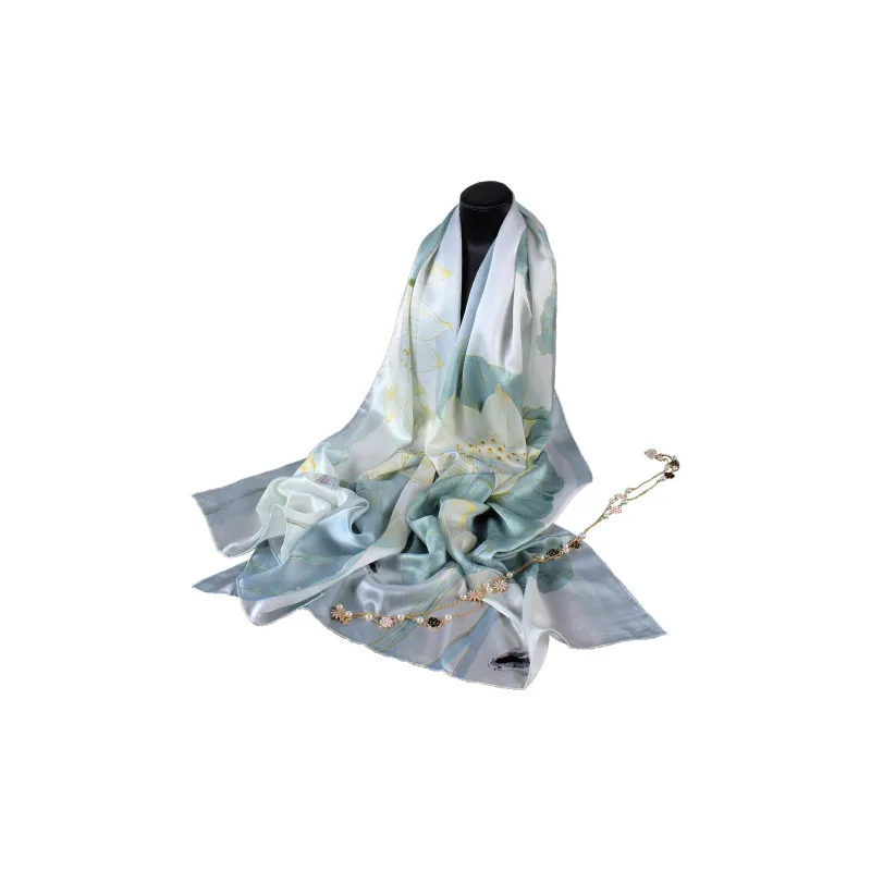 Shanghai Story 100% Mulberry Silk Scarves Women's Lotus Charm, Light Green, Gift Box Set-11