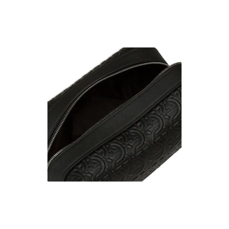 FERRAGAMO GANCINI Embossed Hammered Calfskin Makeup Bags Toiletry Bags Men's Black-4