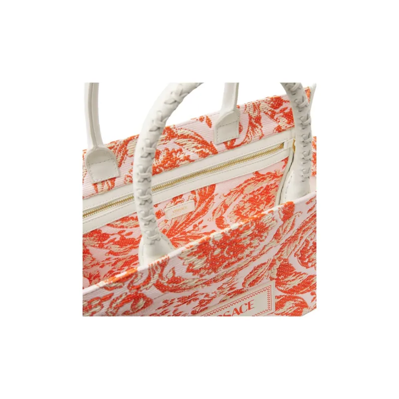 VERSACE Raffia Fiber Tote Bag, Shopping Bag, Shoulder Bag, Crossbody Bag, Handbag Women's Orange & White-4