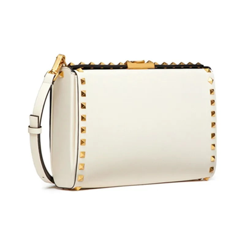 Valentino Rockstud Alcove Grained Calfskin Handheld Handbag Shoulder Bag Crossbody Bag Men's Light Ivory White-1