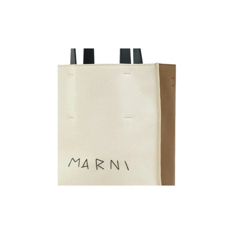 MARNI Museo Calfskin Tote Bag, Shopping Bag, Shoulder Bag, Handbag Mini Women's Ivory & Brown-3