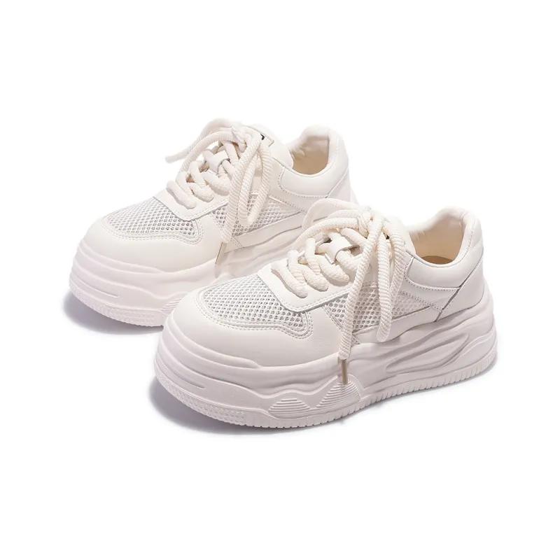 Shen Linsen Slip Resistant Waterproof Cushioning Height Increasing Low Top Skateboard Shoes Women's Raw White-4