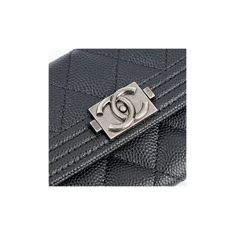 CHANEL LEBOY Litchi Skin Mouth Cover Wallet Card Holder Women's Black-4