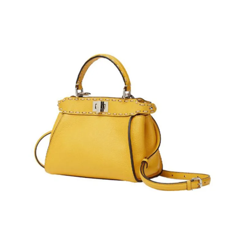 FENDI Peekaboo Full Textured Leather Shoulder Bag Crossbody Bag Handbag Mini Women's Yellow-2