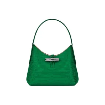 LONGCHAMP Roseau Crocodile-Embossed Calfskin Handbag Shoulder Bag Women's Green