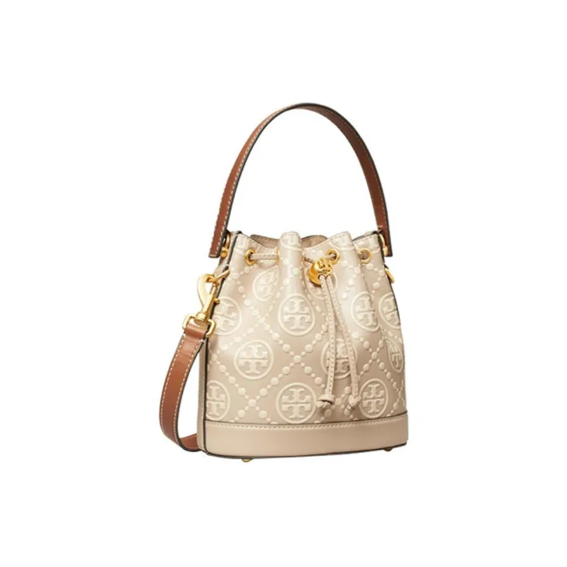 TORY BURCH T Monogram Leather Bucket Bag, Handbag, Shoulder Bag, Crossbody Bag Women's Longan Brown & Cream White-2