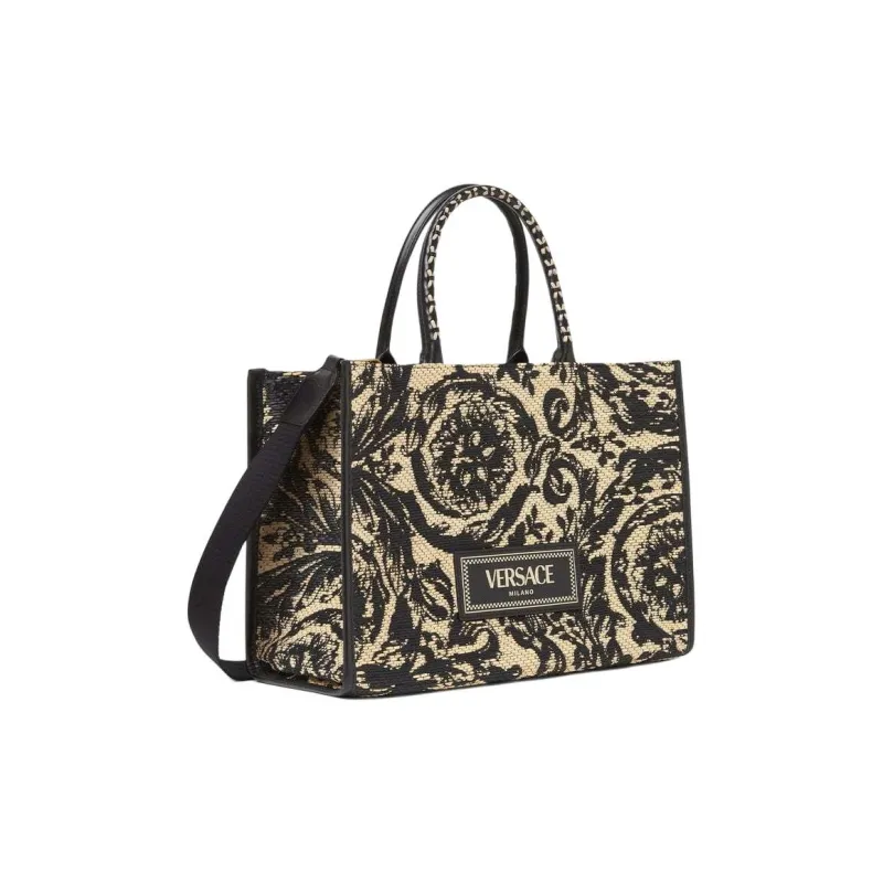 VERSACE Raffia Fiber Tote Bag, Shopping Bag, Crossbody Bag, Handbag Women's Black & Brown-1