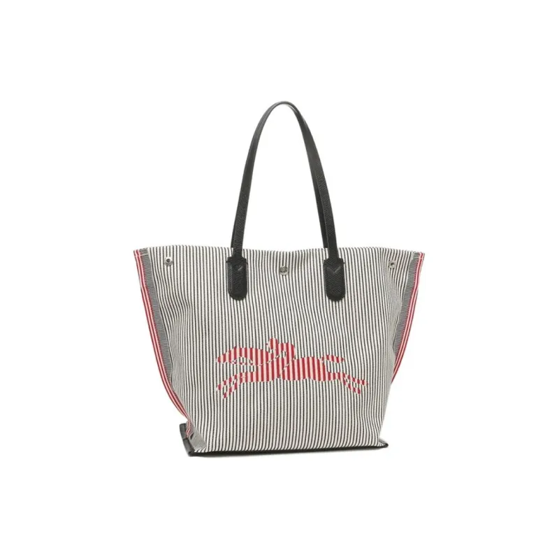LONGCHAMP Cow Leather Tote Bag Shopping Bag Shoulder Bags Women's Marine Blue & Grey White Stripes-1