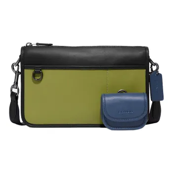 COACH Heritage Cow Leather Combo Bag Crossbody Bag Medium Size Unisex Black & Green & Blue