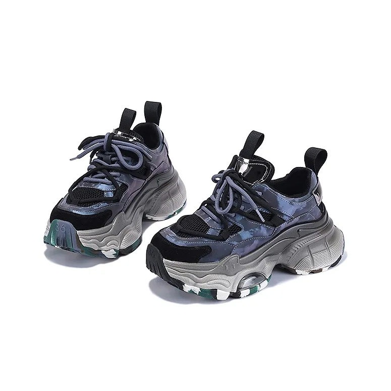 SELAIYA Anti Slip And Wear Resistant Height Increasing Low Top Chunky Sneakers Women's Silver, Black-7