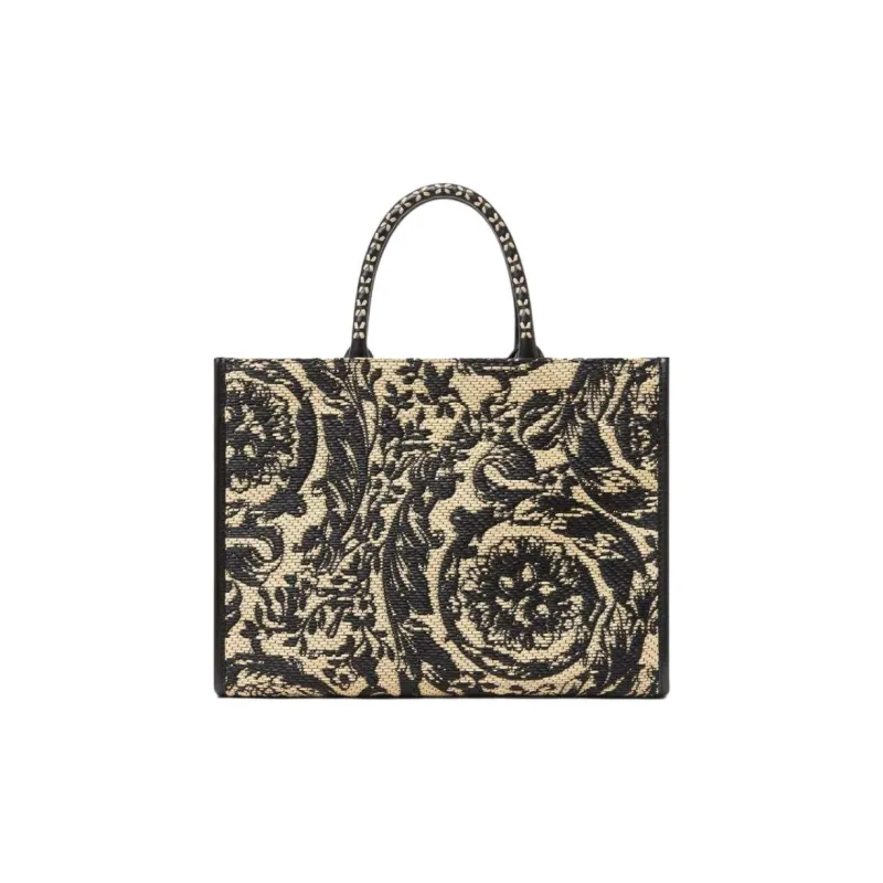 VERSACE Raffia Fiber Tote Bag, Shopping Bag, Crossbody Bag, Handbag Women's Black & Brown-2