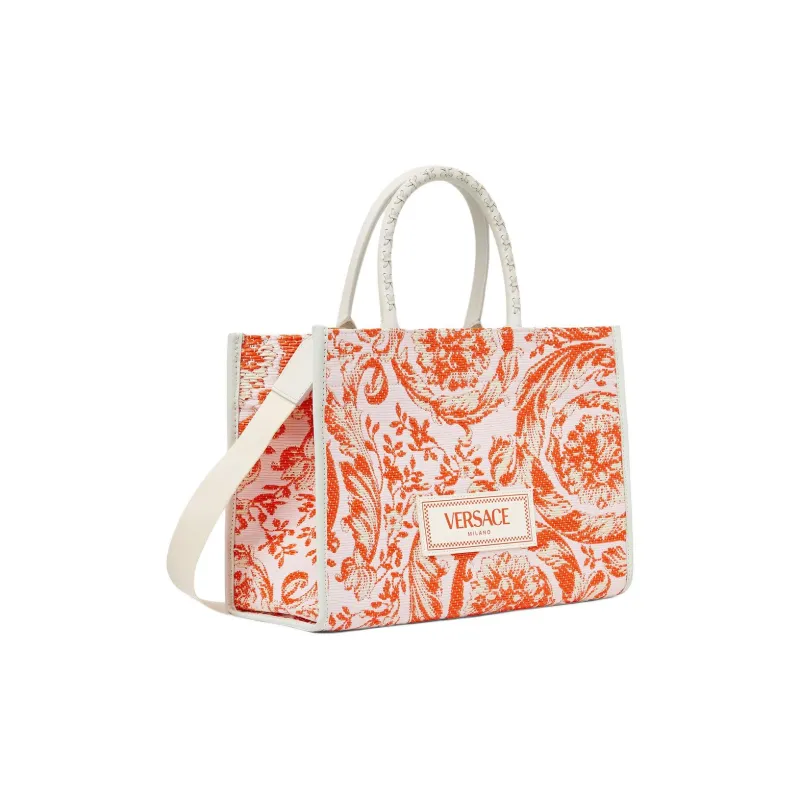 VERSACE Raffia Fiber Tote Bag, Shopping Bag, Shoulder Bag, Crossbody Bag, Handbag Women's Orange & White-1