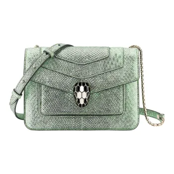 BVLGARI Calfskin Water Snake Skin One Shoulder Handbag Women's Mint Metallic