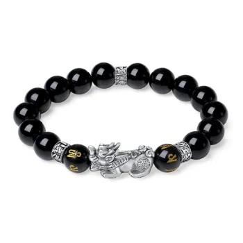 Eoro Obsidian 999 Fine Silver Beaded Bracelet Men's