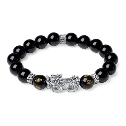 Eoro Obsidian 999 Fine Silver Beaded Bracelet Men's