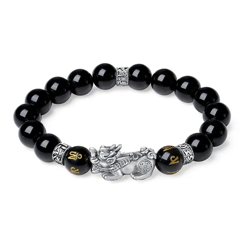 Eoro Obsidian 999 Fine Silver Beaded Bracelet Men's-0