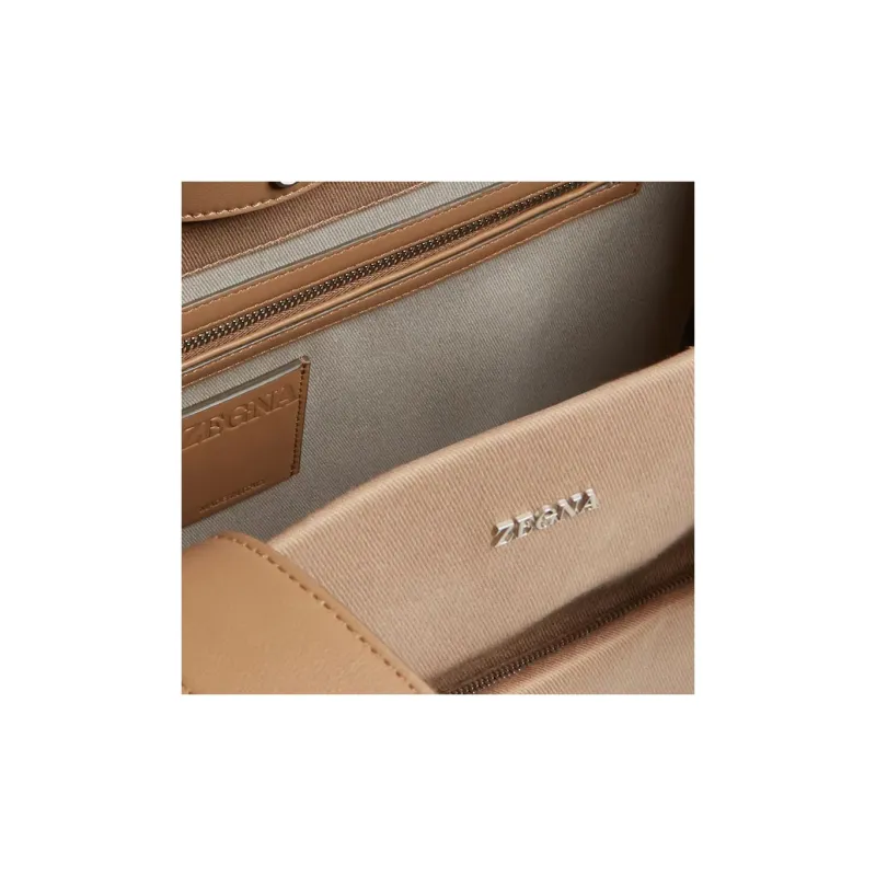 Zegna Cotton With Calfskin Tote Bag Shopping Bag Handbag Men's Dark Beige-2