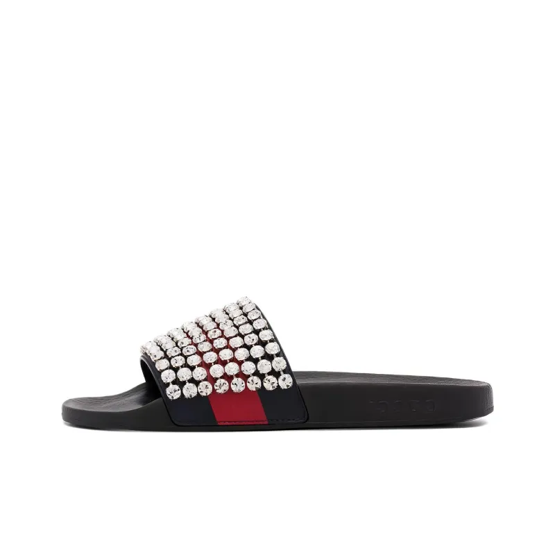 GUCCI Crystal Embellished Web Slide Black Blue Red Women's-0