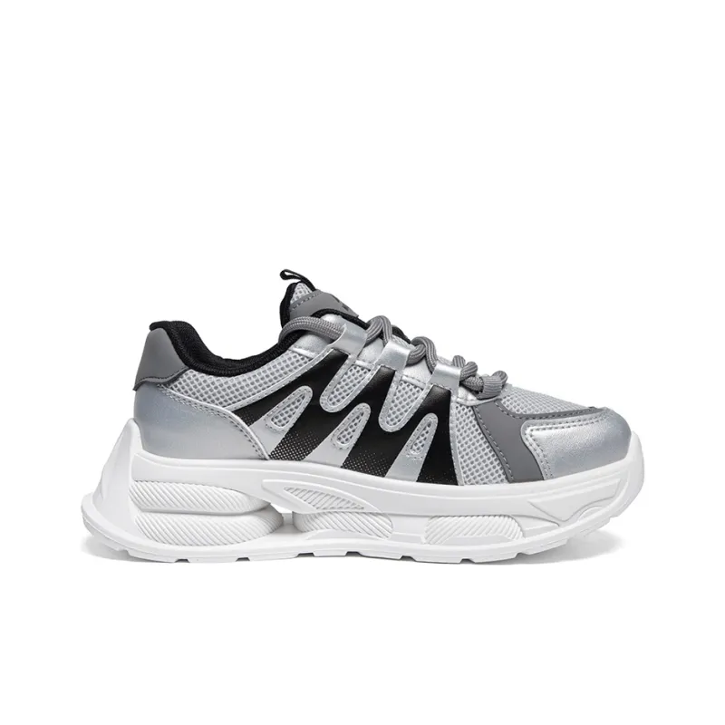 Warrior Students Platform Chunky Sneakers Lightweight And Breathable Low Top Casual Shoes Unisex Silver Black-1