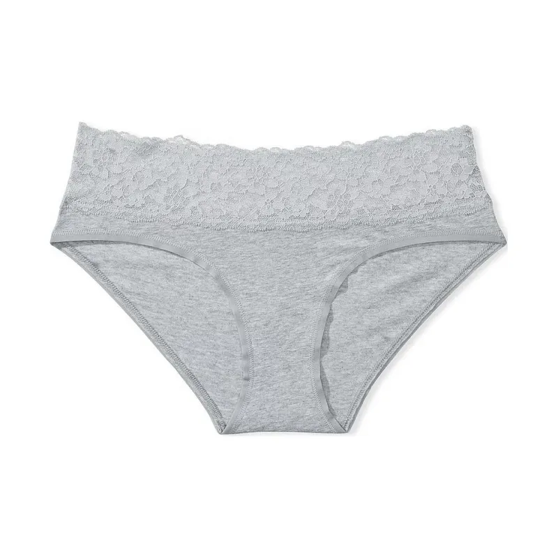 Victoria's Secret Lace-Waist Cotton Hiphugger Panty Grey Underpants Women's 1 Pack Gray-0