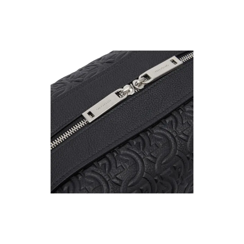 FERRAGAMO GANCINI Embossed Hammered Calfskin Makeup Bags Toiletry Bags Men's Black-3