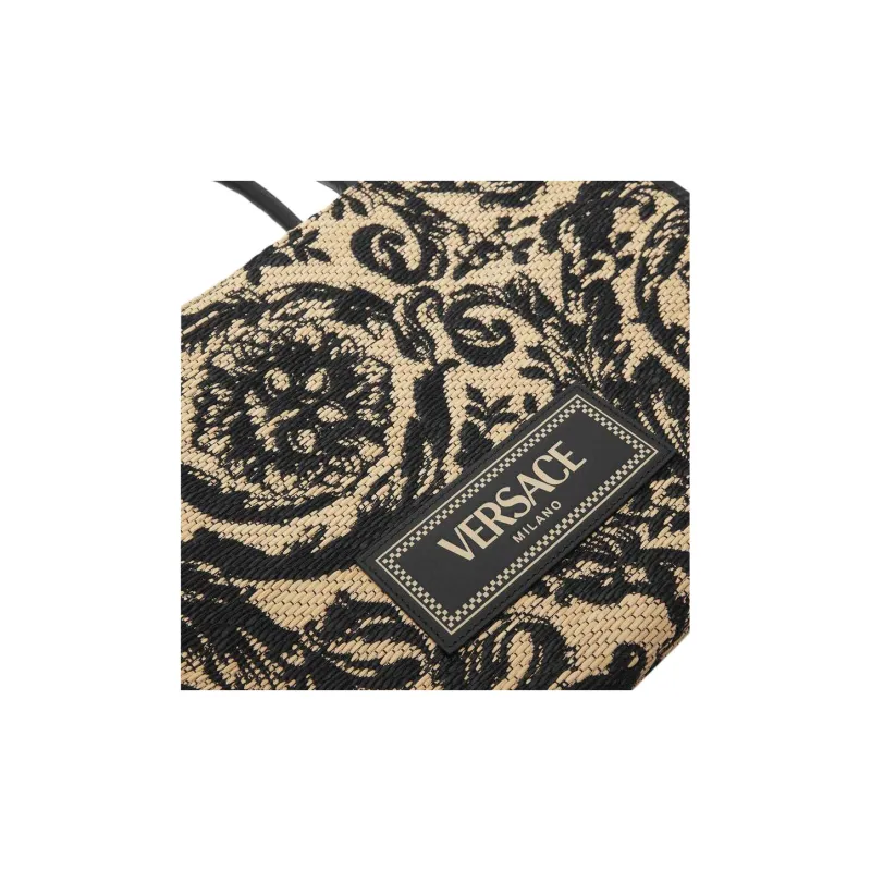 VERSACE Raffia Fiber Tote Bag, Shopping Bag, Crossbody Bag, Handbag Women's Black & Brown-4
