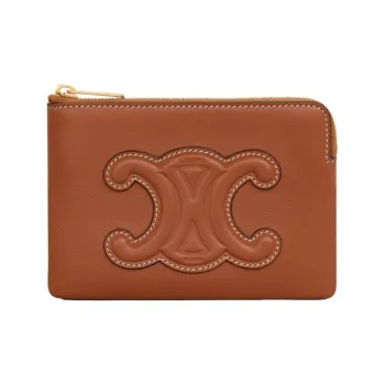 CELINE Triumphal Arch Smooth Cow Leather Coin Purse Card Holder Wallet Women's Tawny