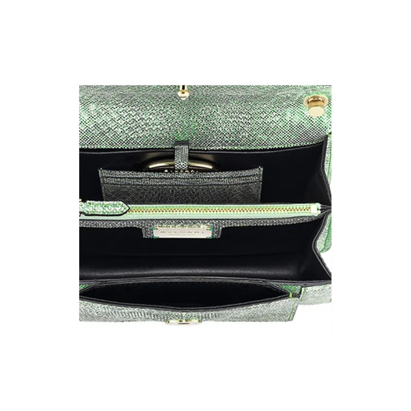 BVLGARI Calfskin Water Snake Skin One Shoulder Handbag Women's Mint Metallic-5