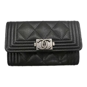 CHANEL LEBOY Litchi Skin Mouth Cover Wallet Card Holder Women's Black