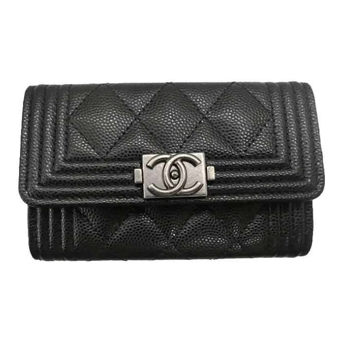 CHANEL LEBOY Litchi Skin Mouth Cover Wallet Card Holder Women's Black-0